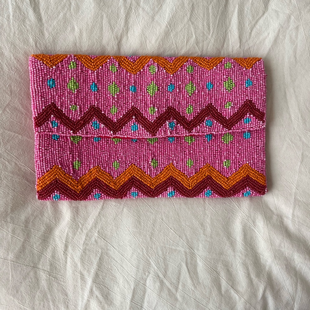 Beaded flap clutch - pink / orange / blue / green 
Lightly used!